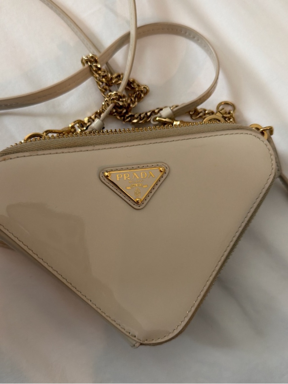 Prada Cream Leather Triangle Crossbody with Gold Chain Trim - Picture 7 of 8